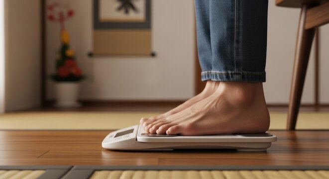 Person Standing on a Digital Scale Measuring Weight Indoors on Wooden Floor.