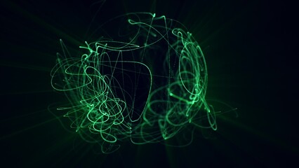 Vivid green abstract sphere made of dynamic swirling light trails, symbolizing energy, nature, and technology fusion © Bolbik