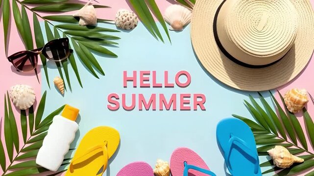  Stop motion style summer animation with flip flops, straw hat and sunglasses on blue background with Hello Summer text. Perfect for social media.