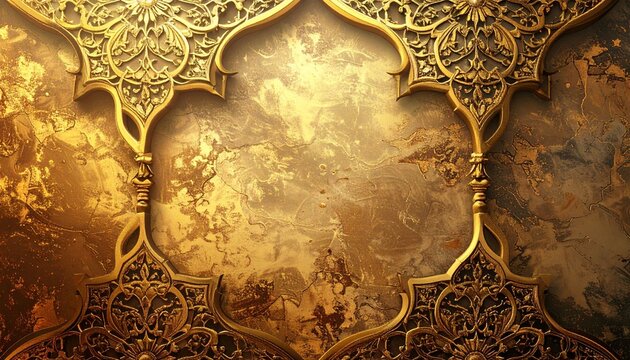 Islamic textured background with gold arabesque patterns and empty space for text.
