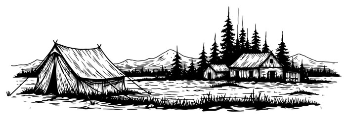 Detailed landscape engraving with camping tent and rustic forest cabins in front of mountains © Logan