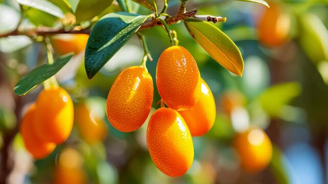 Kumquat tree branch rich harvest close up. Exotic fruits. Close-up of bright ripe orange kumquat hanging growing in an orchard on a sunny day, sun flares. Citrus in garden center. Fortunella margarita