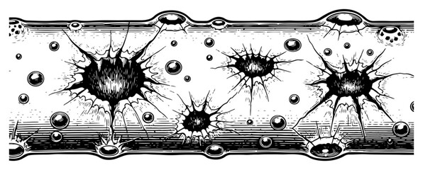 Horizontal textured surface with impact craters holes and bubbles in vintage hand drawn engraving style © Logan