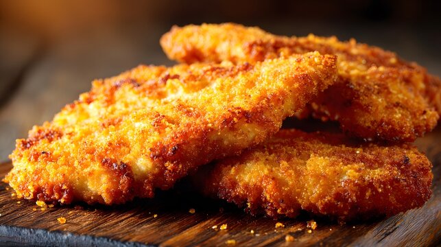 Analysis of three perfectly golden-brown breaded cutlets, highlighting uniform crisp texture and culinary preparation.