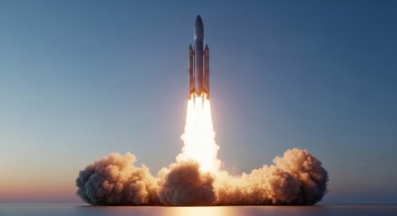 Spectacular Rocket Launch A Powerful Ascent into the Azure Sky Leaving Trails of Smoke.
