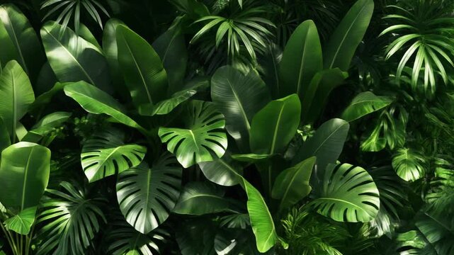 Lush green tropical foliage forms a vibrant natural background. Intricate plant leaves evoke organic beauty, embodying serene jungle tranquility and growth