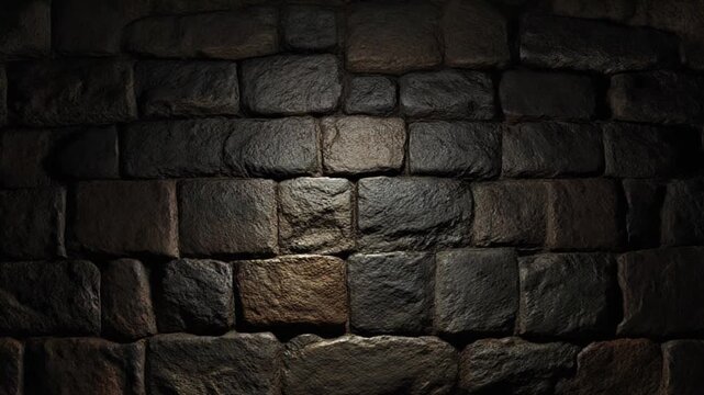 Dramatic spotlight illuminates the rugged, ancient stone wall, highlighting its rough texture and creating a mysterious, atmospheric backdrop for various design projects