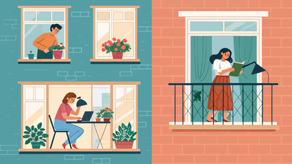 Fototapeta premium People enjoying plants and reading in cozy home environments