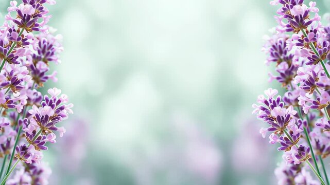 Lavender field in bloom blurred background. Panoramic floral nature scene. Fine delicate violet flowers plant. Soft focused blooming on blur natural backdrop. Panorama wide banner for website. Header