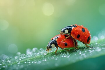 Fototapeta premium Ladybugs dancing on a glistening leaf