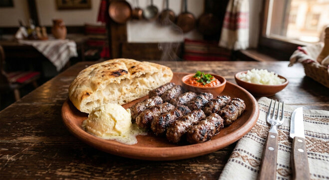 Traditional Serbian Ćevapi with Lepinja, Kajmak, and Ajvar
