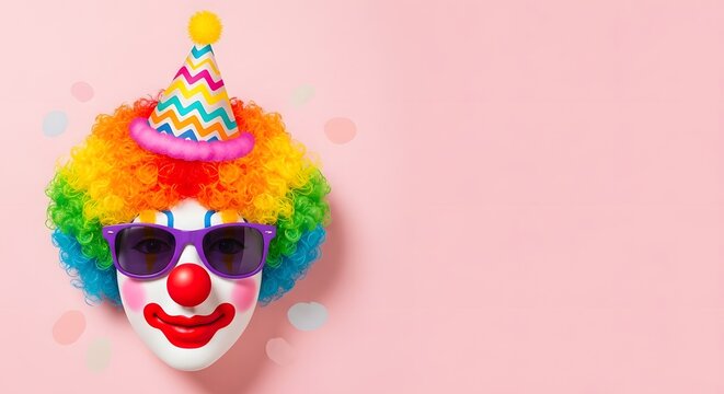 April fool's day clown face with colorful wig and sunglasses on pink background