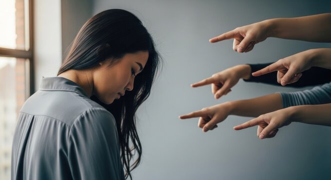 Woman feeling shame with fingers pointing at her social pressure concept.