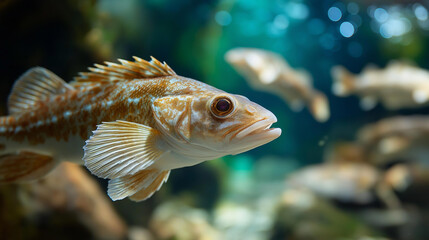 Fototapeta premium Brown and white fish gliding gracefully through clear water, defocused aquatic background, underwater fish concept, freshwater fish photography, with copy space