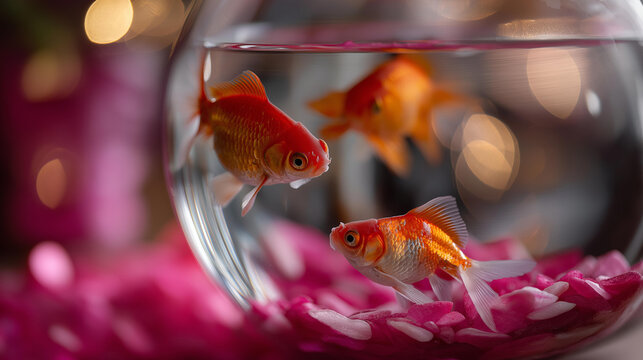 Three goldfish swimming in a glass bowl with pink background gravel with one leaping out of the water, defocused background, playful goldfish concept, with copy space