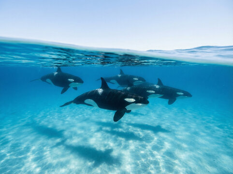 um cardume de baleas orcas nadando em um mar azul cristalino