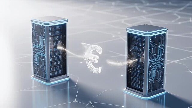 Digital currency exchange between two futuristic data servers with a tech background