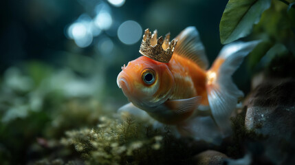 Fototapeta premium Goldfish wearing a tiny crown on its head with a sad downward expression, defocused background, whimsical royal fish concept, playful aquatic character art, with copy space