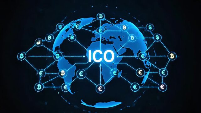 Global Initial Coin Offering ICO Concept with Digital Globe