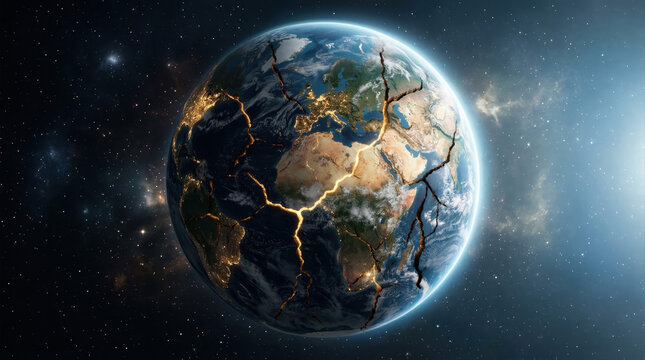 Planet Earth Cracking and Glowing from Within in Dark Space, Symbolizing Global Crisis, Environmental Damage, Natural Disasters, and Climate Change Impact