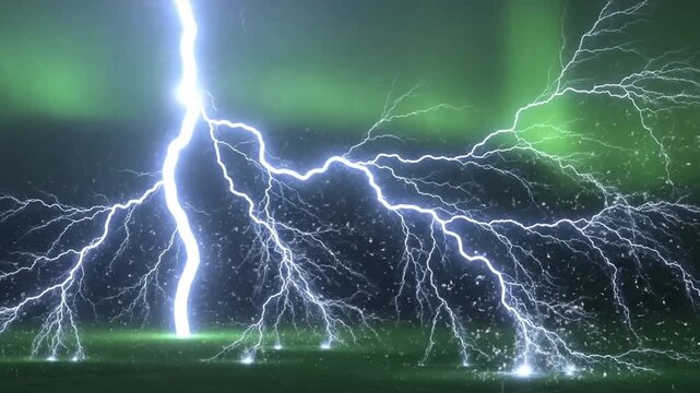 Electric storm with lightning bolts striking green landscape.