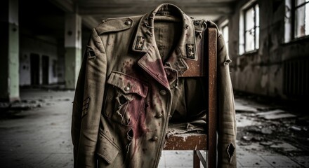 Naklejka premium Bloodstained Military Uniform Draped on an Old Chair