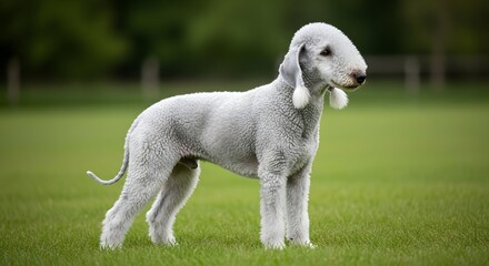 Obraz premium A charming Bedlington Terrier standing proudly, capturing the breed's distinct features and poised in a vibrant green space.