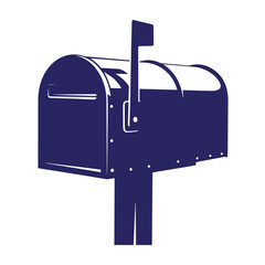 blue mailbox on a post with flag up for mail delivery