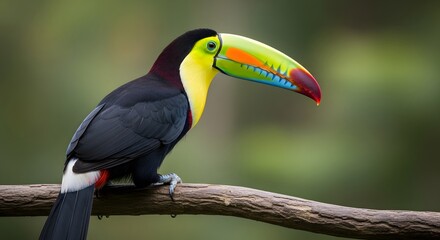 A vibrant toucan perches regally on a branch, its colorful beak and plumage a stunning testament to the beauty of the avian world. The image showcases the toucan in its natural habitat.