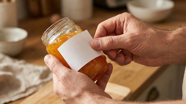 Hands labeling homemade apricot jam jar in bright kitchen, adding personal touch to preserve