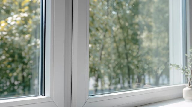 New plastic PVC window with white metal frame installed at modern house, city street urban view. Typical installation of insulated glazing windows. uPVC frame high thermal insulation values in room