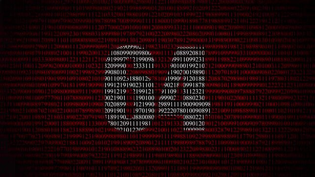 Red digital binary code matrix forming a heart shape, digital love and data concept
