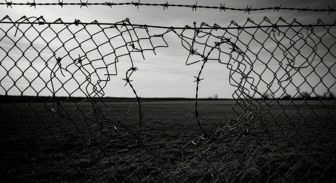 Broken Chain Link Fence With Barbed Wire