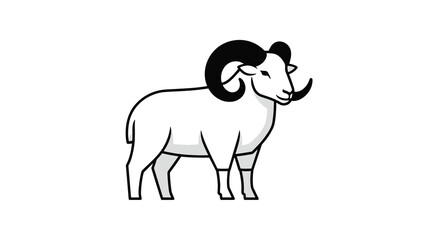 Fototapeta premium A bold two-dimensional line art illustration portrays a ram in profile featuring a white body prominent black horns and subtle gray shading on its underside, Generative AI