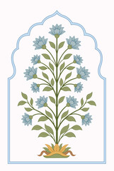 Traditional botanical flower illustration with ornamental Mughal style arch. Mughal flower motif vector illustrations.  Botanical floral ethnic motif, Mughal flower motif. © Design 35