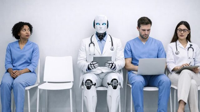 Humanoid robot and human doctors waiting for job interview.
