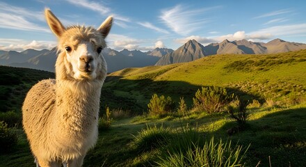 Obraz premium An Alpaca stands in serene landscape with rolling hills and majestic mountains in the background, a portrait of calm.