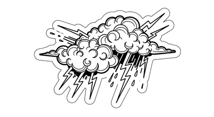 Naklejka premium Dramatic Black and White Storm Cloud Illustration with Lightning Strikes and Rain Drops. Weather Forecast Vector Symbol.