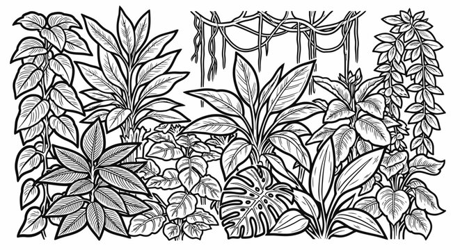 Detailed black and white line art illustration of lush tropical jungle plants and climbing vines, botanical rainforest foliage