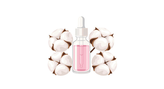 A clear glass dropper bottle filled with pink liquid is centrally positioned among four soft, fluffy cotton bolls on a white surface.