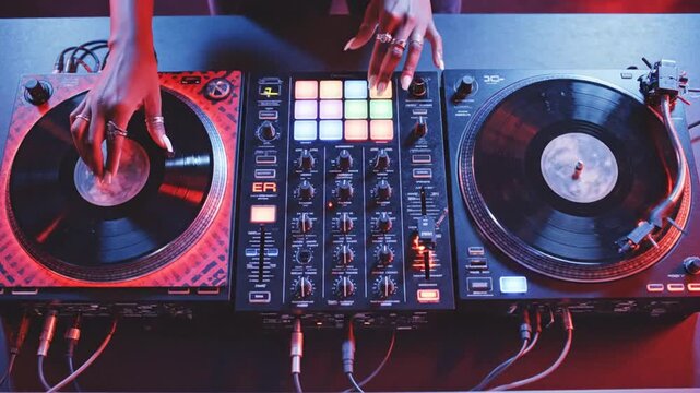 DJ mixing music on turntables at nightclub.