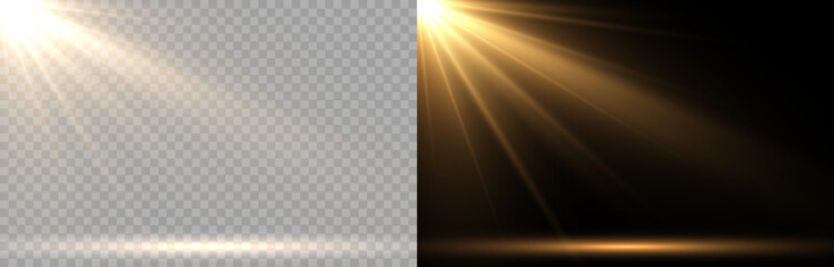 Realistic golden lens flare light effect with bright starburst and glowing rays. Sparkle flash and radiant sunlight glow isolated on transparent and black background. Perfect for overlays, visual effe