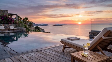 Fototapeta premium Luxury Infinity Pool Overlooking Scenic Mountain Lake and Forest Landscape