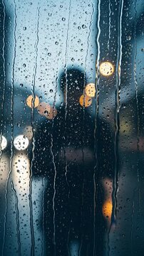 A rainy cityscape at dusk with silhouetted figures viewed through a wet window pane