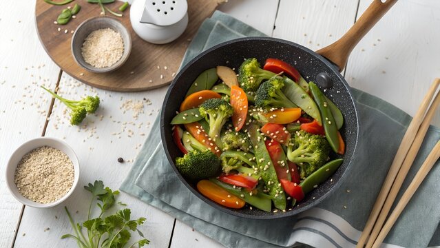 Fresh vegetable stir fry cooking in wok with healthy ingredients and spices on wooden table