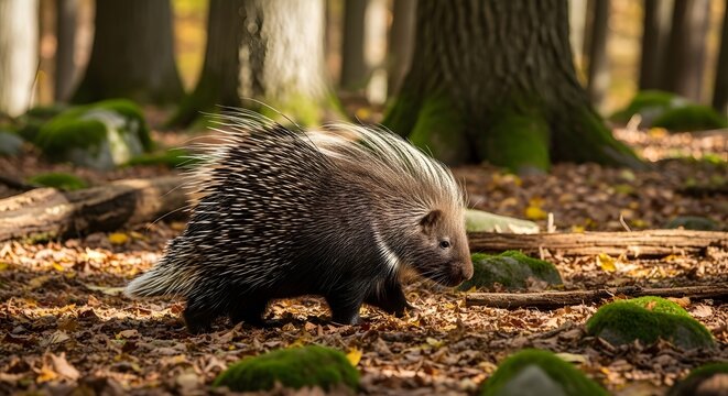 A captivating shot of a North American porcupine gracefully traverses the forest floor, its unique spiky quills glisten under the filtered sunlight.  