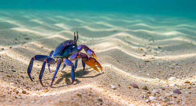 An exquisite blue crab, with vibrant blue shell and powerful claws, scuttles across the sandy seabed, illuminated by the sun's gentle rays, capturing the essence of underwater life.