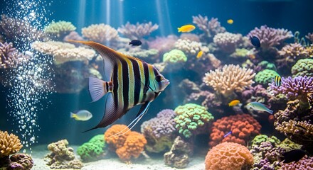 A vibrant aquatic scene teeming with life, featuring a majestic angelfish gracefully gliding through a colorful reef. This stunning underwater world is full of colorful coral.