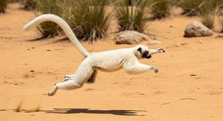 Fototapeta premium A captivating image showcasing a Coquerel's sifaka leaping gracefully through its natural habitat, displaying agility and elegance.