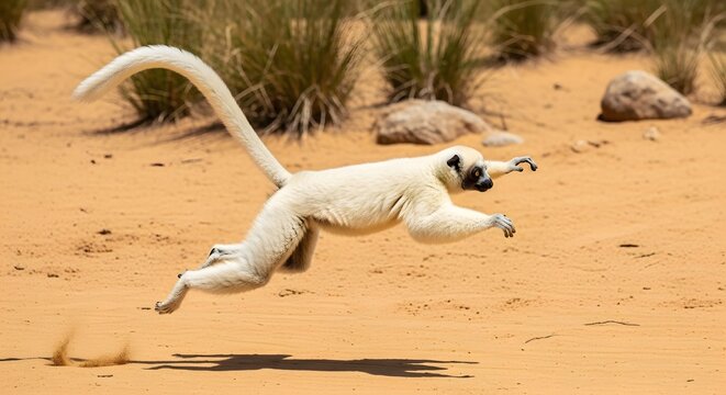 A captivating image showcasing a Coquerel's sifaka leaping gracefully through its natural habitat, displaying agility and elegance.